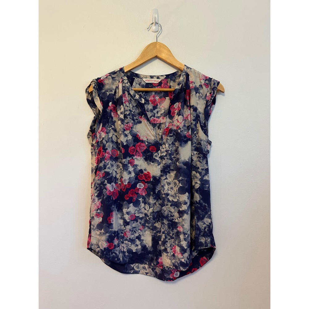 Rebecca Taylor Floral 100% Silk Cap Sleeve V-Neck Blouse | Size Small
